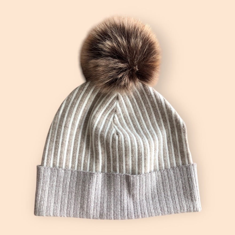 Christian Siriano New York Beige White Striped Pom Pom Beanie Hat Winter Women